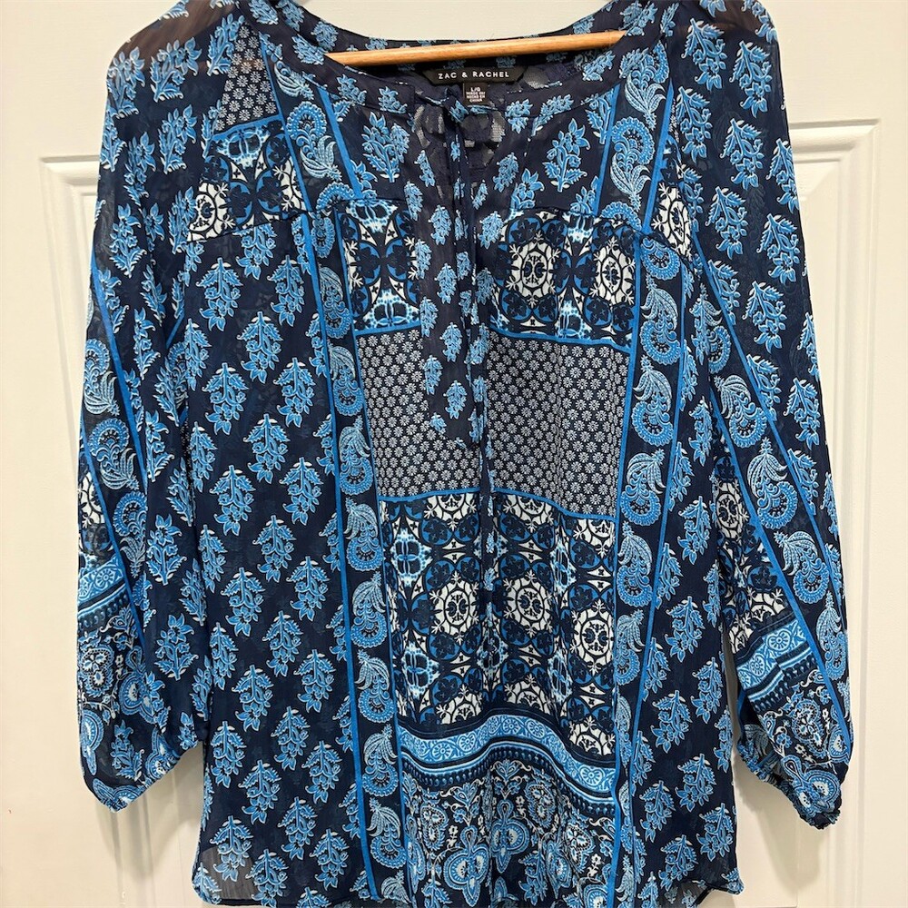 Zac & Rachel Tunic Blouse Womens L Blue Paisley Boho Semi-Sheer Tie Neck